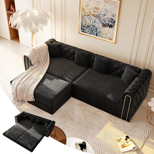 90.6'' Futon Sofa Bed, Chesterfield Velvet Sleeper Sofa, Convertible Floor L-Shaped Couch, Tufted Back, 4 Pillows, Gold Edge Trim, Deep Loveseat Couches for Living Room, Apartment, Gold Black