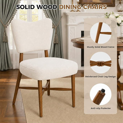 Mid Century Dining Chairs Set of 4, Linen Seat, Wood Legs, Cream | Farmhouse, Upholstered Padded Cushion, Solid Wood Cross-Brace, Easy 15-Min Assembly, Kitchen Dining Room