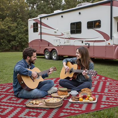 GENIMO Christmas Outdoor Rug for Patio Clearance, 6'x9' Reversible Plastic Straw Rugs, Lightweight Waterproof RV Camping Mat for Camper, Balcony, Deck, Backyard, Picnic, Red Grey