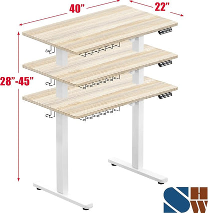 SHW 40 x 22 Inches Electric Height Adjustable Sit to Stand Desk with Hanging Hooks and Cable Management, White Frame and Maple Top
