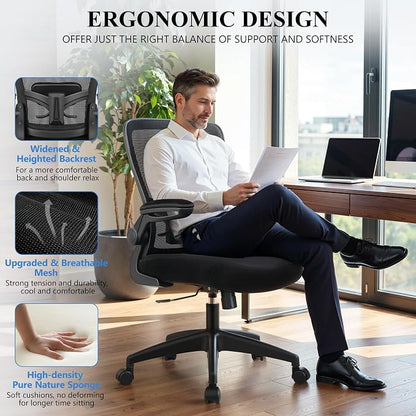 FelixKing Office Chair, Ergonomic Desk Chair Breathable Mesh Chairs Adjustable High Back Lumbar Support Flip-up Armrests, Executive Rolling Swivel Comfy Computer Chairs Home Office Black