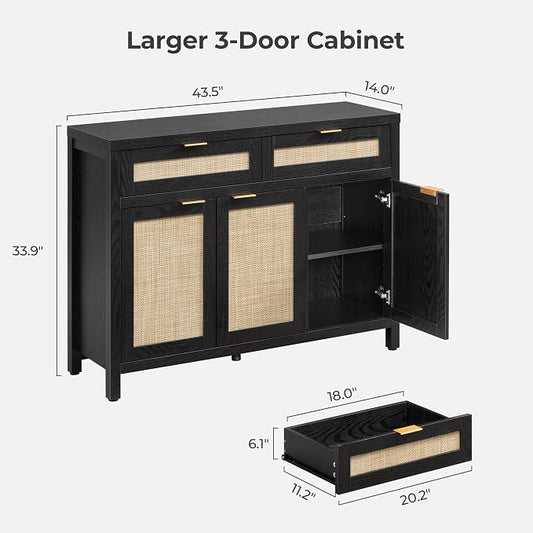 SICOTAS Rattan Sideboard Buffet Cabinet with Storage, Boho Credenza Accent Cabinet with 3 Doors and 2 Drawers, Farmhouse Console Coffee Bar Cabinets for Living Room Kitchen Entryway, Black Oak, 2 PCS