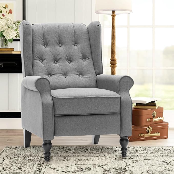 Mid Century Wingback Recliner Chair for Adults, Modern Linen Fabric Push Back Recliner Chairs with Button Tufted Upholstered Back & Footrest, Manual Recliner Chais for Living Room, Nursery, Gray