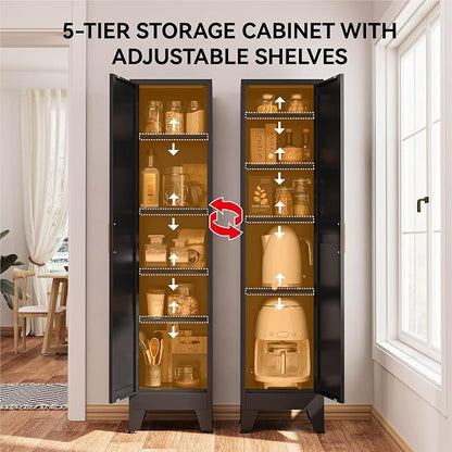 67" Tall Narrow Storage Cabinet with Reversible Doors and Adjustable Shelves,11.8" Deep By 15.7" Wide Metal Slim Cabinet for Bathroom Kitchen Garage Small Spaces,Black,1 Pc
