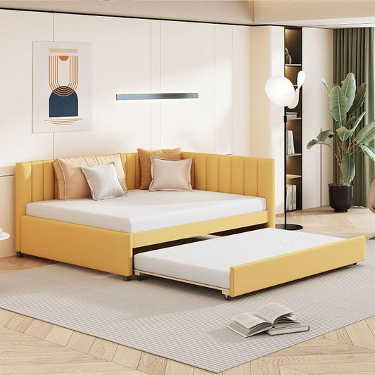 Merax Full Size Upholstered Daybed with Trundle, Yellow Linen Sofa Bed Frame for Bedroom Guest Room, No Box Spring Needed