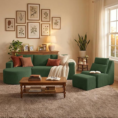 104.92" L-Shaped Corduroy 3 Piece Sofa Set with Single Lounge Chair & Ottoman, Modular Compressed All Foam Couch, Freely Movable Footrest, Minimalist Large Living Room Furniture