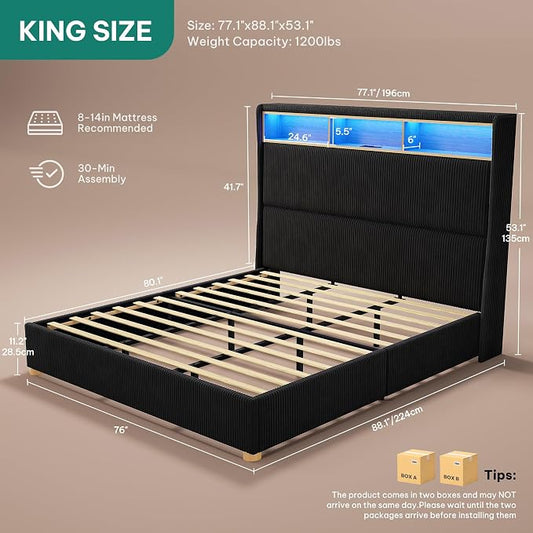 DWVO King Size Corduroy Upholstered Platform Bed Frame with Charging Station and RGB LED Lights, 53’’ Tall Storage Wingback Headboard, No Box Spring Needed, Easy Assembly, Noise-Free, Black