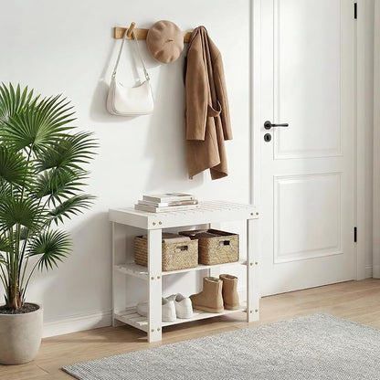 GAOMON Sturdy 3-Tier Bamboo Shoe Rack Bench – Modern Entryway Organizer with Seat & Storage Shelf, Holds up to 130kg, Perfect for Closet, Bedroom, Living Room, 28.7 x 50 x 45.3 cm – White