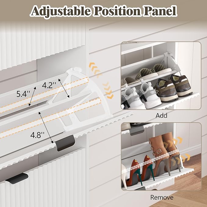 HUANLEGO Shoe Cabinet Storage for Entryway with 2 Flip Drawers, Fluted Narrow Shoe Organizer with Wooden Legs, Freestanding Slim Shoe Storage Hidden Shoe Rack Organizer for Front Door Entrance, White