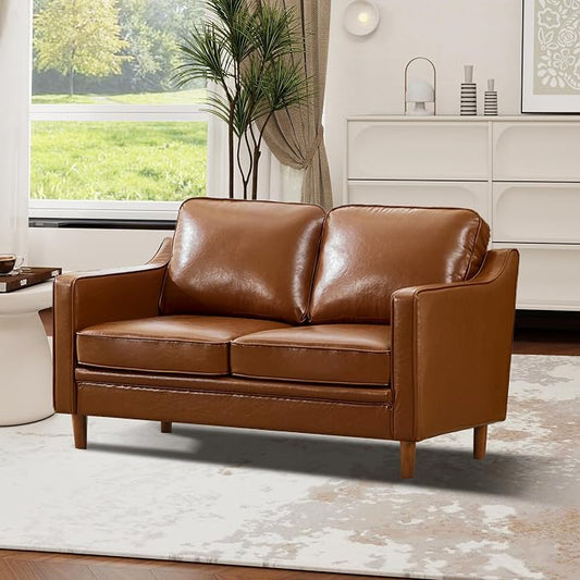 Kingfun 60" Faux Leather Sofa, Loveseat Couch, Mid Century Modern Love Seat Couches with Solid Wood Frame for Living Room Bedroom