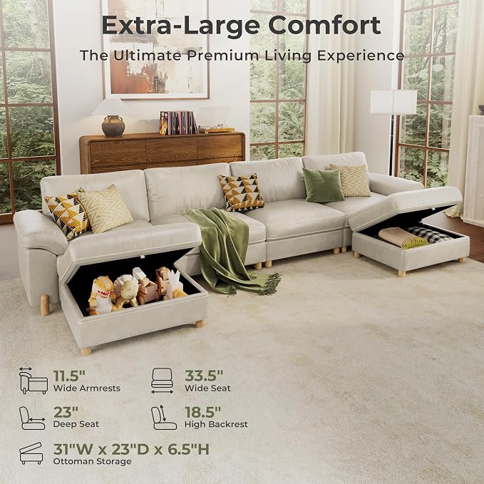 SITJOY Large Cloud Couch, 149" Wide 4 Seater U Shape, Faux Leather in White | Pet-Friendly Scratch-Resistant Leather Sectional Sofas for Living Room, Deep Seat Wide Couch with Chaise, Storage Ottoman