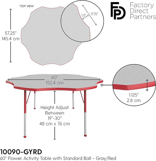 FDP Flower Activity School and Office Table (60 inch), Standard Legs with Ball Glides for Collaborative Seating Environments, Adjustable Height 19-30 inches - Gray Top and Red Edge