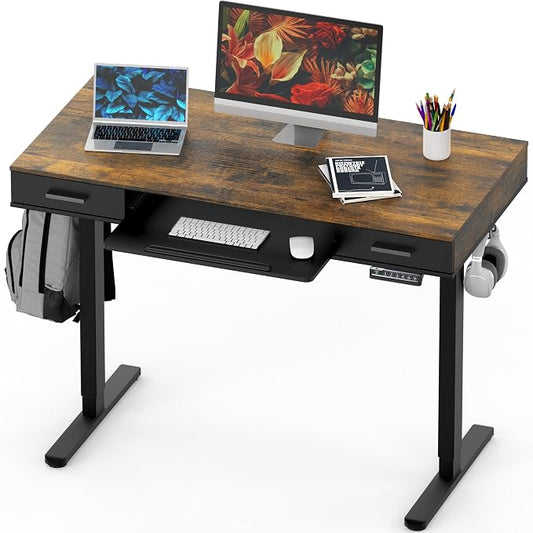 SHW 48-Inch Electric Height Adjustable Desk with Keyboard Tray and 2 Drawers, Rustic Brown
