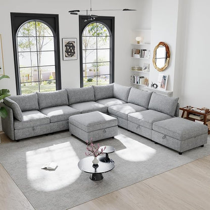 129-Inch Oversized 8 Seat Modular Cloud Sofa Deep Seat Storage Sectional Sofa Couch Free Combination W/Movable Ottomans,L/U Shaped Chenille Upholstered Convertible Sleeper Couch for Home Apartment | Space Saving
