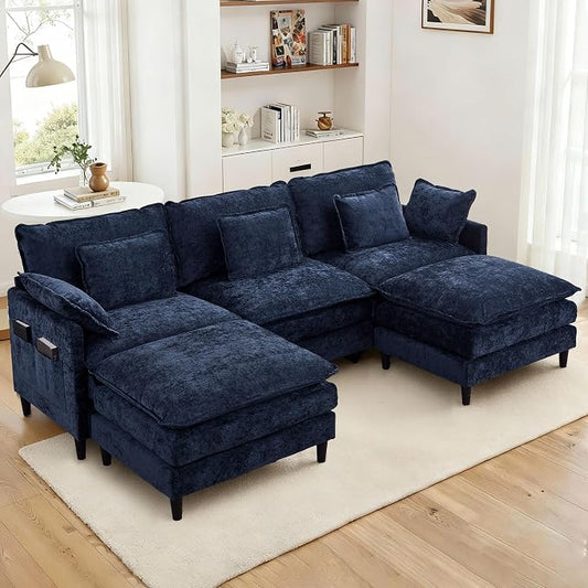 113" Chenille Modular Sectional Sofa, Convertible L Shaped Modular Sofa Comfy Cloud Couch with Ottoman, Side Pockets and 5 Throw Pillows for Living Room (Blue, 113" - 5 Seats)