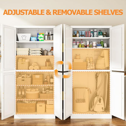 Wanfu 71" Tall Pantry Cabinet, Metal Kitchen Pantry Cabinet with 4 Doors and 4 Adjustable Shelves, Kitchen Pantry Storage Cabinets, Metal Storage Cabinet for Kitchen, Dining Room, Living Room-White