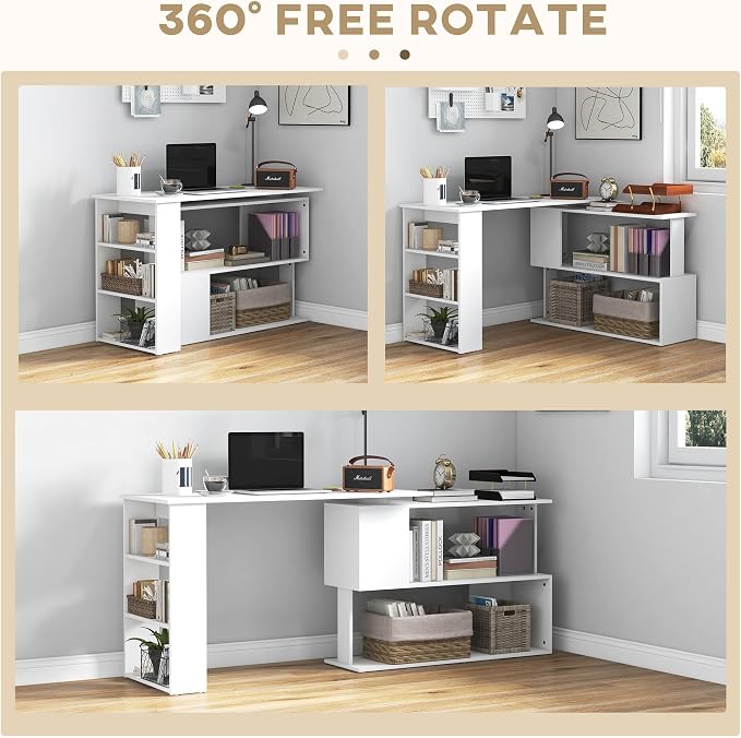HOMCOM 47 Inch L Shaped Desk, Corner Computer Desk, 360 Degree Rotating Home Office Desk with Storage Shelves, Writing Table Workstation, White
