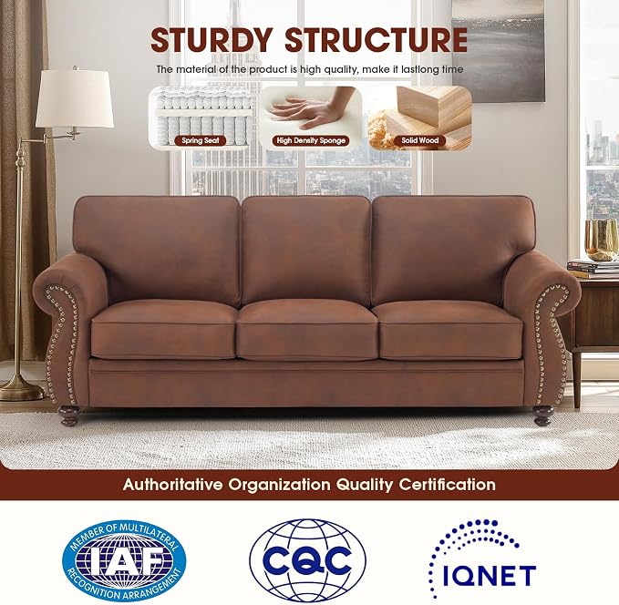 Couchus Mid-Century Vintage Sofa Couches with Rivet Design,3-Seater Sofa,Removable Sofa Cover Upholstered Cushions and Solid Wood Frame (Caramel Rust, 3-Seater)