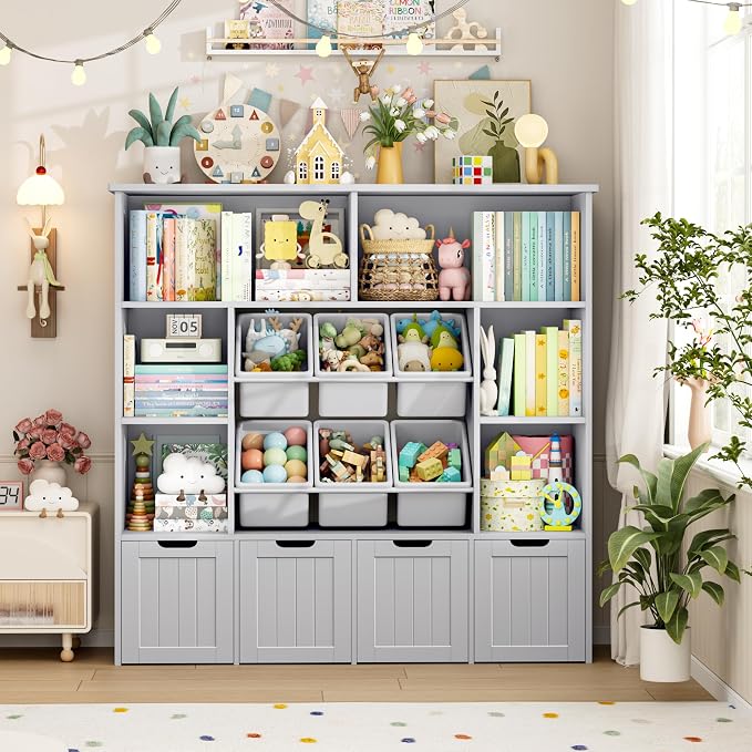 FINETONES Toy Storage Organizer with 6 Toy Bins, Toy Organizer Kids Bookshelf with 4 Movable Drawers and 6 Storage Cubbies, Toy Bins for Kids Organizer Playroom Storage for Living Room, Grey