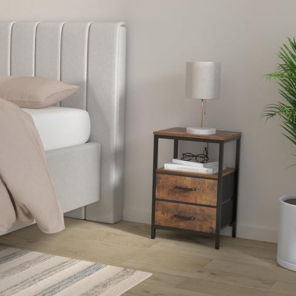 Huuger Nightstand with Charging Station, Fabric Drawers, End Table with Open Shelf, Bedside Table with USB Ports and Outlets, Night Stand for Bedroom, Rustic Brown