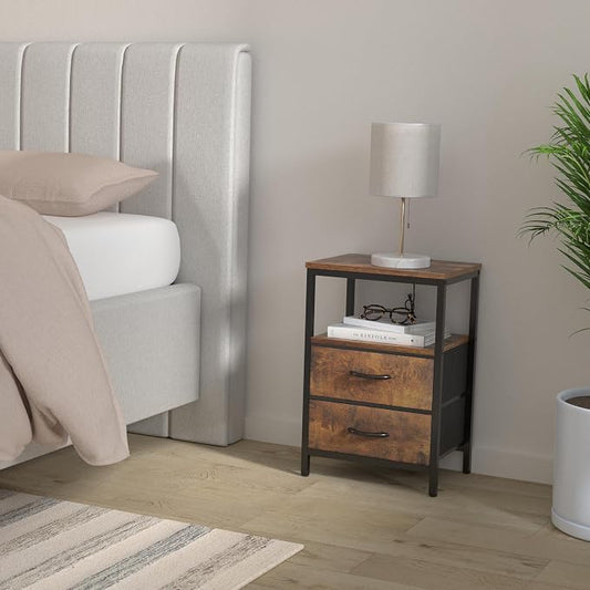 Huuger Nightstand with Charging Station, Fabric Drawers, End Table with Open Shelf, Bedside Table with USB Ports and Outlets, Night Stand for Bedroom, Rustic Brown