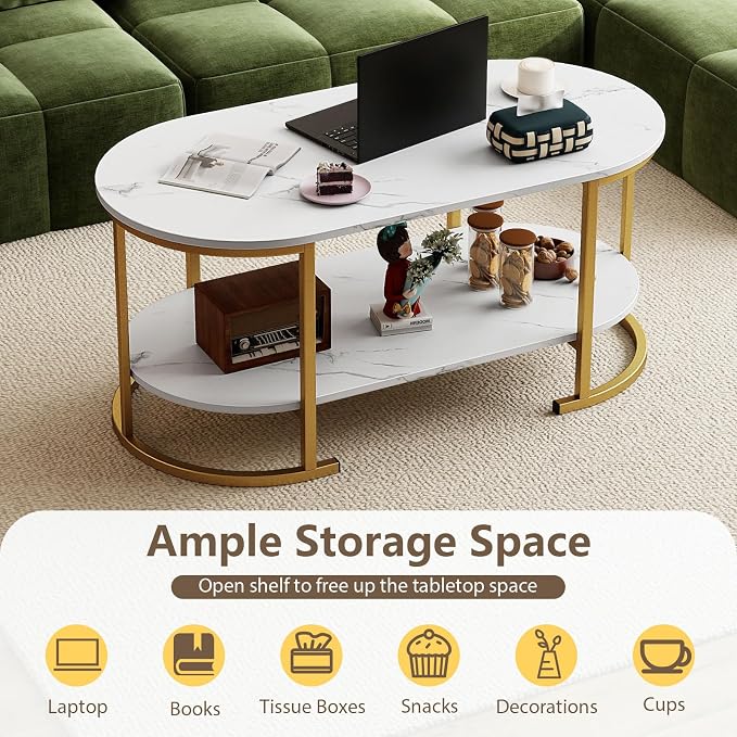 Giantex 2-Tier Coffee Table, Oval Center Table with Faux Marble Top & Open Storage Shelf, Modern Accent Table with Heavy Duty Metal Frame, Oval Coffee Tables for Living Room, White and Gold