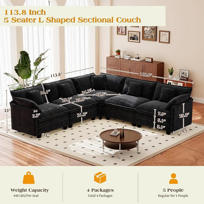 113.8" Modular Sectional Sofa,Cloud Couch for Living Room,Modern Deep Seat Sofa 5 Seater Chenille Fabric Comfy L Shaped Couches with Throw Pillows for Apartment