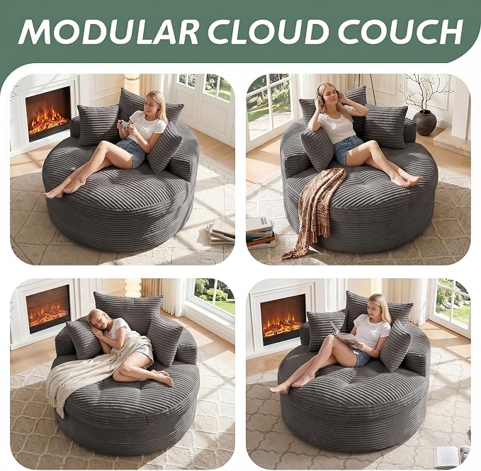 Oversized Round Chaise Lounge Chair, Deep Seat Cloud Boneless Floor Sofa Couch, Upholstered Corduroy Sleeper with 3 Pillows & Optional Ottoman, No Assembly Modern Lazy Floor Lounger for Living Room