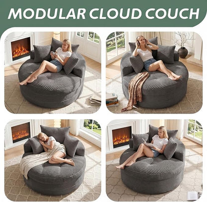 Oversized Round Chaise Lounge Chair, Deep Seat Cloud Boneless Floor Sofa Couch, Upholstered Corduroy Sleeper with 3 Pillows & Optional Ottoman, No Assembly Modern Lazy Floor Lounger for Living Room