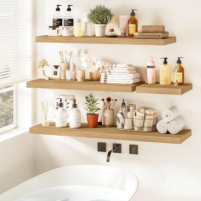 Vivelove 40 Inch Floating Shelves for Wall, 39.4x9 Display Shelves for Bathroom Living Room Kitchen Bedroom Office Farmhouse Home Decor - Set of 2, Oak