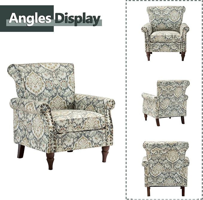 HULALA HOME Modern Wingback Accent Chair with Wood Legs & Removable Cushion, Comfy Upholstered Armchair with Nailhead Trim, Floral Pattern Single Sofa Chair for Living Room Bedroom, Pine