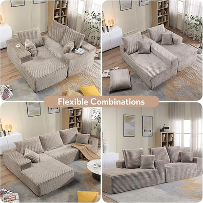 107.5" W Modular Sectional Sofa, Upholstered Corduroy Cloud Couch with Deep Seat, Modern 3-Seater L-Shaped Sofa for Living Room, No Assembly Required (Camel, Left-Facing Chaise)
