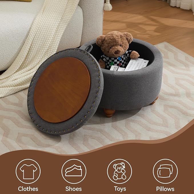 WUTUTUEE 24Inch Round Storage Ottoman with Tray, Modern Tufted Fabric Circle Coffee Table with Storage, Upholstered Ottoman with Removable Top for Living Room, Bedroom, Dark Grey