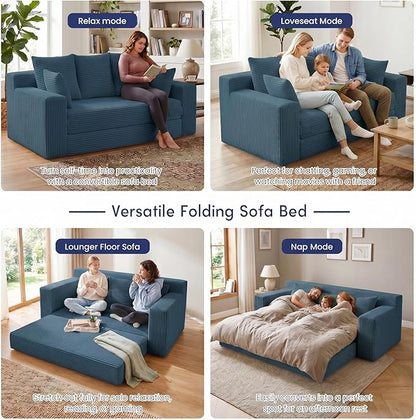 Boneless Couch for Living Room, 3 Seater Convertible Futon Sofa Bed Comfy Pull Out Couch with 5 Pillows & Detachable Washable Cover, Upholstered Floor Sofa in A Box, No Assembly Required, Blue