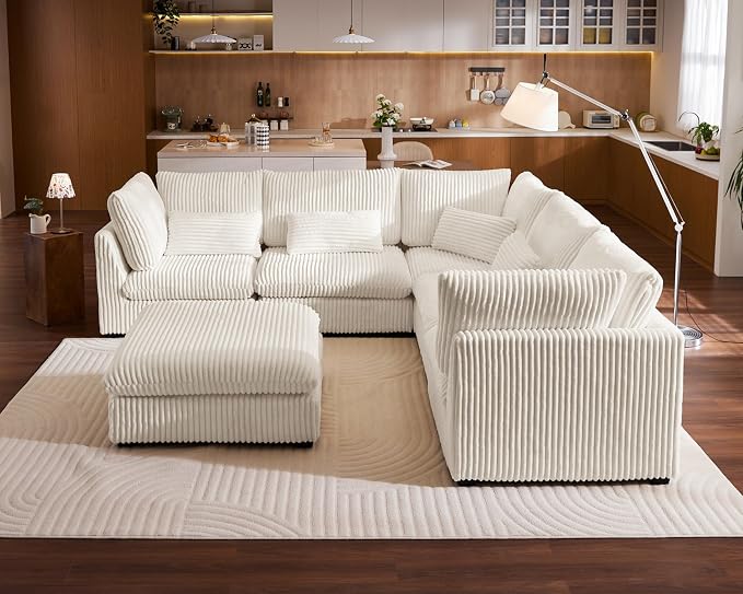 115" Oversized Corduroy Couch Modular Sectional Sofa, Washable Cloud Couch Sectional with Ottoman, 6 Seater Sectional Couches for Living Room, Fully Cover Removable, V Shaped & Corner, Corduroy, White