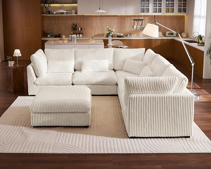 115" Oversized Corduroy Couch Modular Sectional Sofa, Washable Cloud Couch Sectional with Ottoman, 6 Seater Sectional Couches for Living Room, Fully Cover Removable, V Shaped & Corner, Corduroy, White