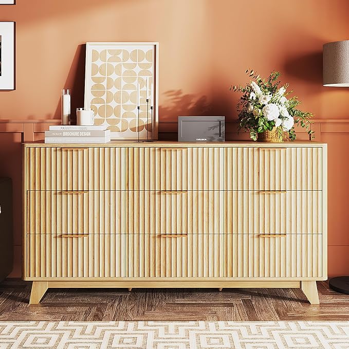 VINGLI Fluted 9 Drawer Dresser for Bedroom, Wood Dresser with Rounded Edges, 57" Long Dressers Oak, Natural Wood Color, 57" W*15.75" D*29.92" H