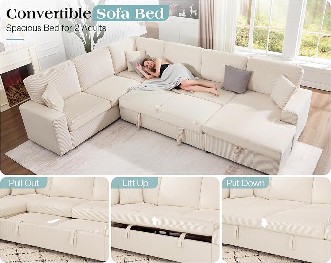 VanAcc 130" Sofa Bed, Sectional Sleeper Sofa with Pull Out Bed, Sleeper Couch with Storage, 6 Seater Couch for Living Room, Corduroy Off-White