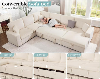 VanAcc 130" Sofa Bed, Sectional Sleeper Sofa with Pull Out Bed, Sleeper Couch with Storage, 6 Seater Couch for Living Room, Corduroy Off-White