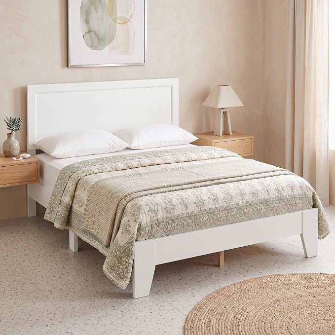 Giantex Queen Size Wooden Bed Frame with Headboard, Wood Slat Support | Modern Platform Bed with Heavy Duty Mattress Foundation, Under-Bed Storage, No Box Spring Needed, Easy Assembly (White)