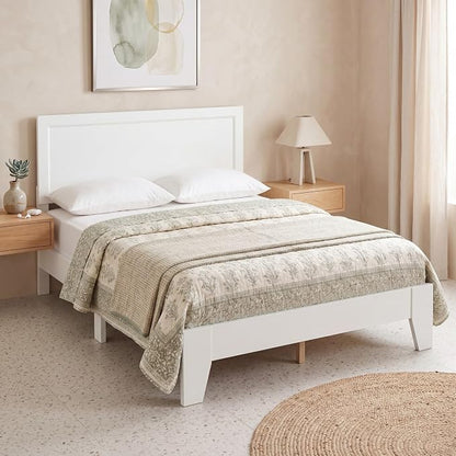 Giantex Queen Size Wooden Bed Frame with Headboard, Wood Slat Support | Modern Platform Bed with Heavy Duty Mattress Foundation, Under-Bed Storage, No Box Spring Needed, Easy Assembly (White)