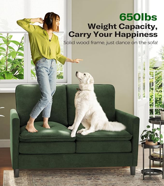 Welzona 3-Layers Cloud Loveseat Sofa, 51" Small Couch for Living Room, Bedroom - Tool-Free Assembly with Teddy Fabric Small Sofa - Green - Futon Couch - Removable Washable Covers - 650lbs Capacity