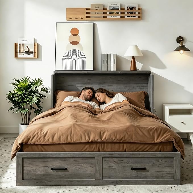 Queen Murphy Bed with Charging Station Large Storage Drawer Farmhouse Wood Space Saving Hidden Foldable Cabinet Bed for Bedroom Office School, Rustic Grey