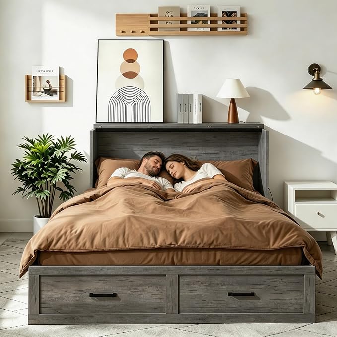 Murphy Bed Full Size Cabinet with Drawer Hidden Beds with Charging Station Farmhouse Wood Space-Saving Hidden Folding Chest Cabinet Bed for Bedroom, Office, School, Rustic Grey