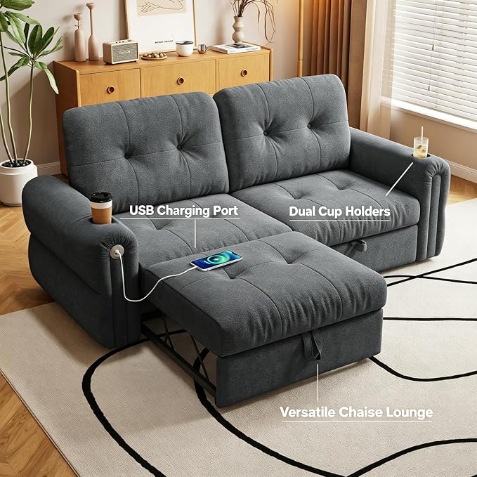 Convertible Couches, Queen Size Pull Out Sofa Bed with USB Charging Port and Cup Holders, Chenille Fabric Convertible Sofa Bed for Small Space, Living Room, Apartment, Guest Room, Dark Grey
