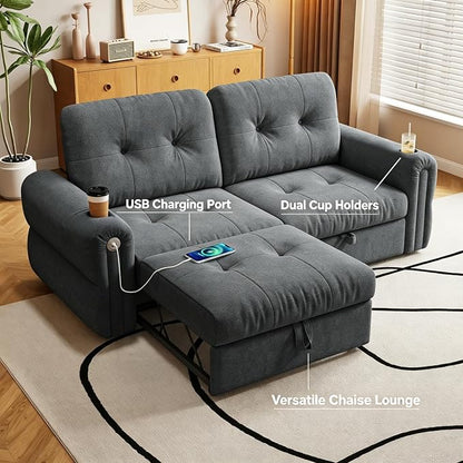 Convertible Couches, Queen Size Pull Out Sofa Bed with USB Charging Port and Cup Holders, Chenille Fabric Convertible Sofa Bed for Small Space, Living Room, Apartment, Guest Room, Dark Grey