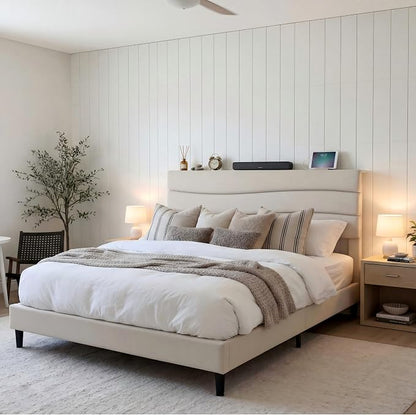 EnHomee Queen Bed Frame with Upholstered Headboard,Adjustable Height,Charging Station, Noise-Free, No Box Spring Needed, Easy Assembly,Beige