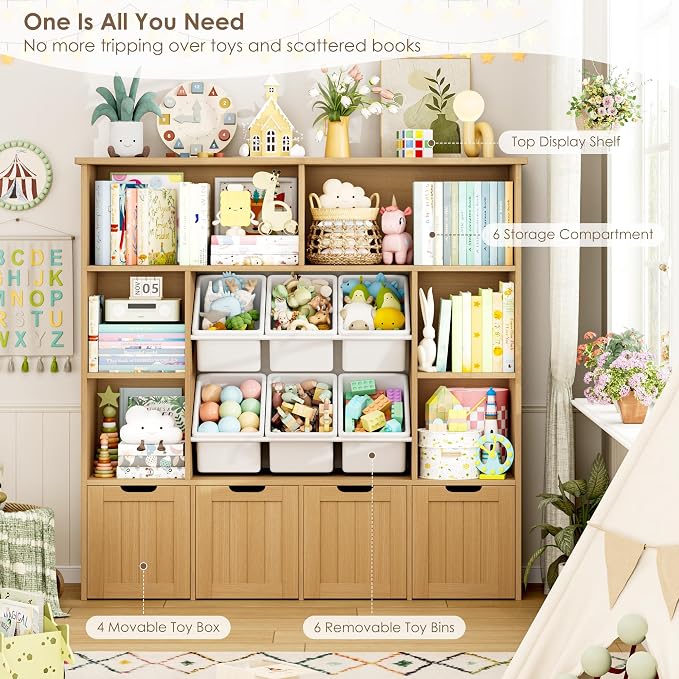 FINETONES Toy Storage Organizer with 6 Toy Bins, Large Toy Organizers and Storage with 4 Movable Drawers and 6 Storage Cubbies, Kids Toy Storage and Toy Chest for Playroom and Kids Room, Natural