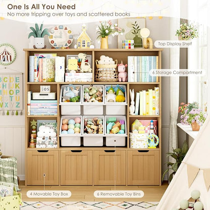 FINETONES Toy Storage Organizer with 6 Toy Bins, Large Toy Organizers and Storage with 4 Movable Drawers and 6 Storage Cubbies, Kids Toy Storage and Toy Chest for Playroom and Kids Room, Natural