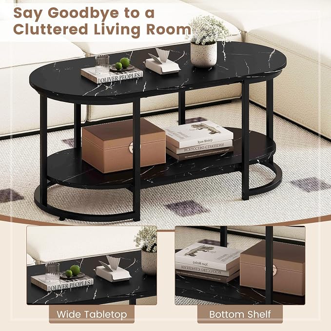 Giantex 2-Tier Coffee Table, Oval Center Table with Faux Marble Top & Open Storage Shelf, Modern Accent Table with Heavy Duty Metal Frame, Cocktail Table for Living Room Reception (Black Marble)